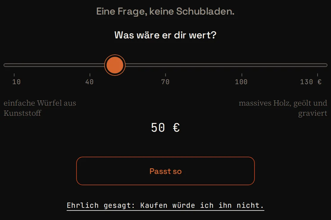 Die Preisfrage auf der Microsite: ein Schieberegler mit einer Skala von 10 bis 130 Euro, links darunter „einfache Würfel aus Kunststoff