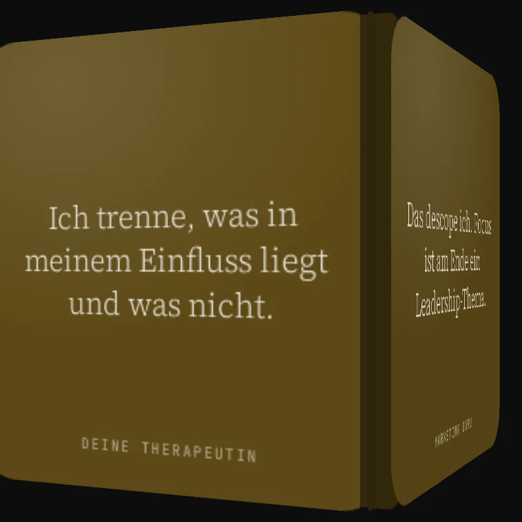 Der Würfel in der Microsite, olivfarben, auf der Vorderseite der Satz „Ich trenne, was in meinem Einfluss liegt und was nicht